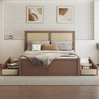 Natural Wood Platform Bed with Rattan Headboard & 4 Storage Drawers