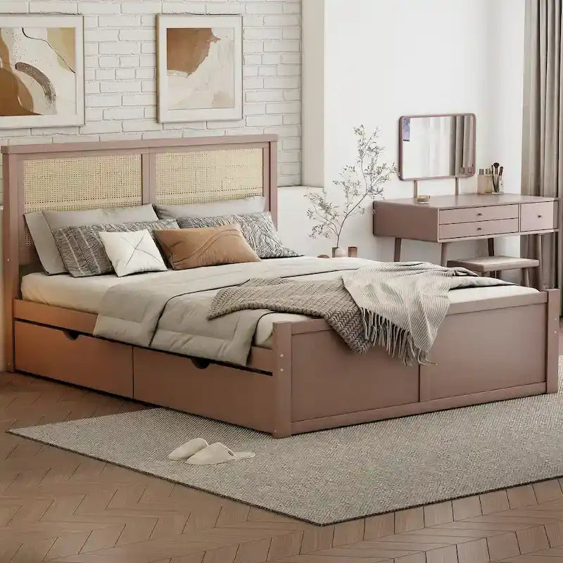 Natural Wood Platform Bed with Rattan Headboard & 4 Storage Drawers