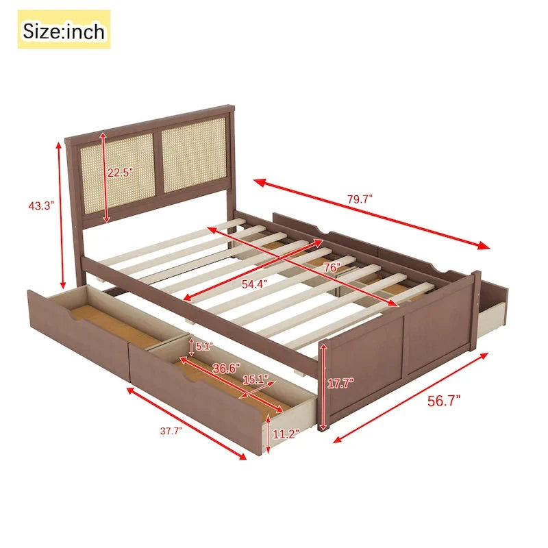 Natural Wood Platform Bed with Rattan Headboard & 4 Storage Drawers