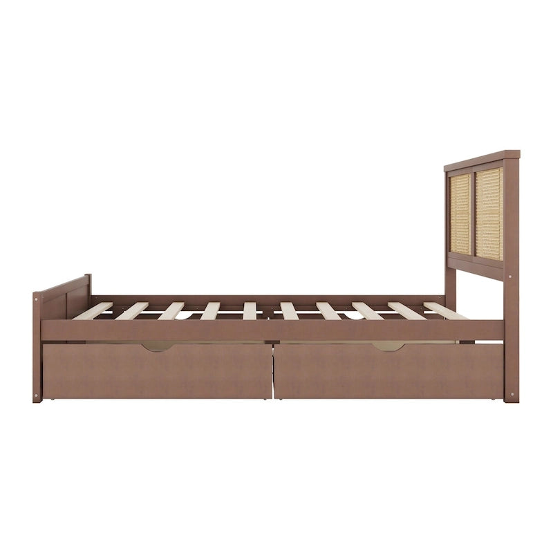 Natural Wood Platform Bed with Rattan Headboard & 4 Storage Drawers