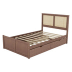 Natural Wood Platform Bed with Rattan Headboard & 4 Storage Drawers
