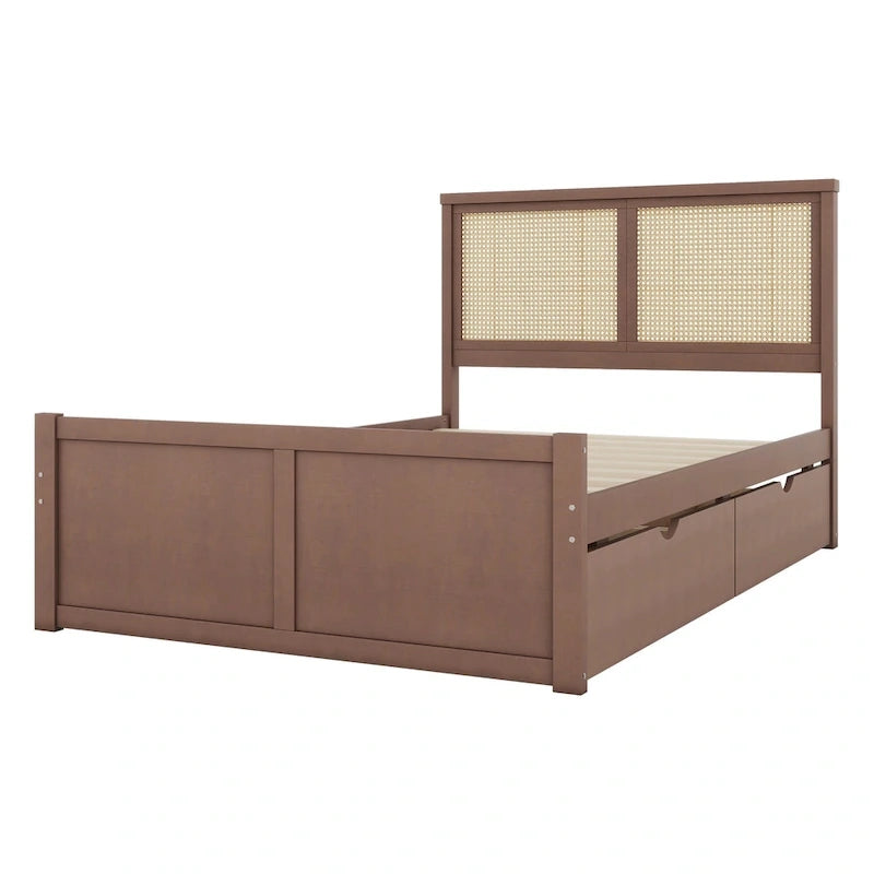Natural Wood Platform Bed with Rattan Headboard & 4 Storage Drawers