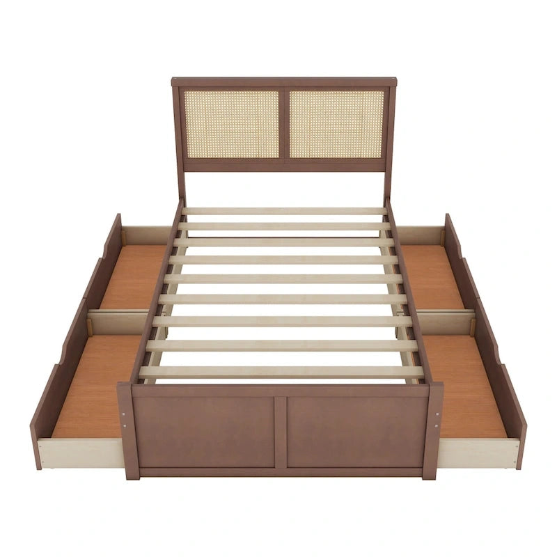 Natural Wood Platform Bed with Rattan Headboard & 4 Storage Drawers
