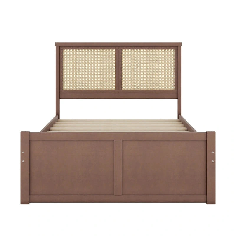 Natural Wood Platform Bed with Rattan Headboard & 4 Storage Drawers