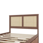 Natural Wood Platform Bed with Rattan Headboard & 4 Storage Drawers