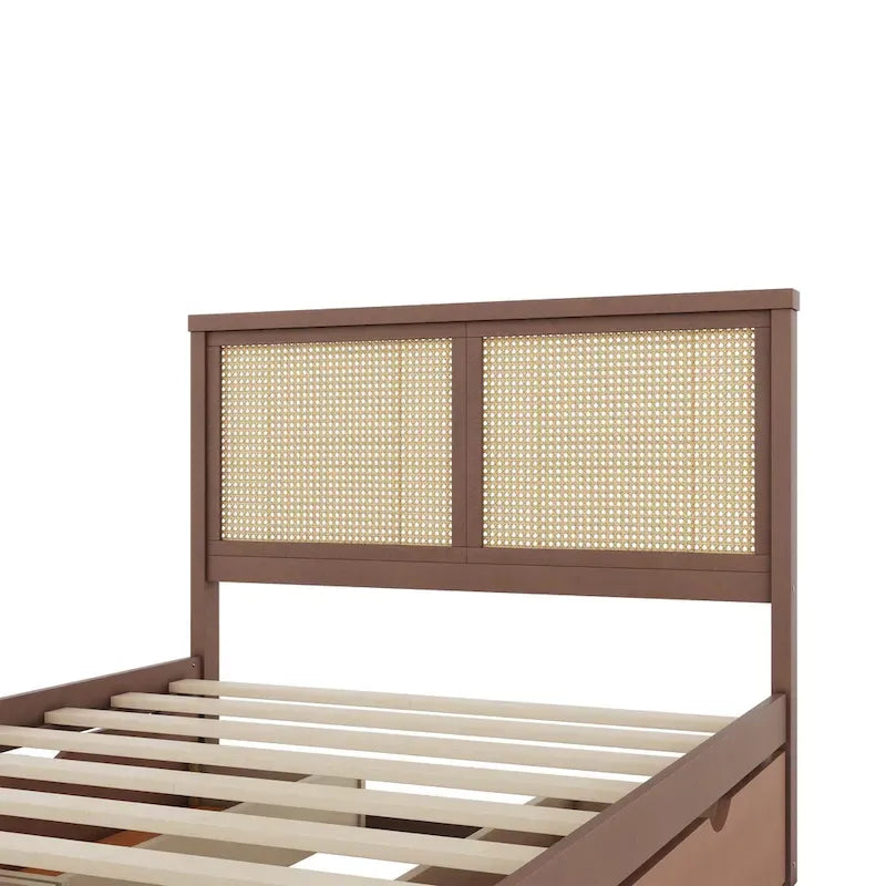 Natural Wood Platform Bed with Rattan Headboard & 4 Storage Drawers