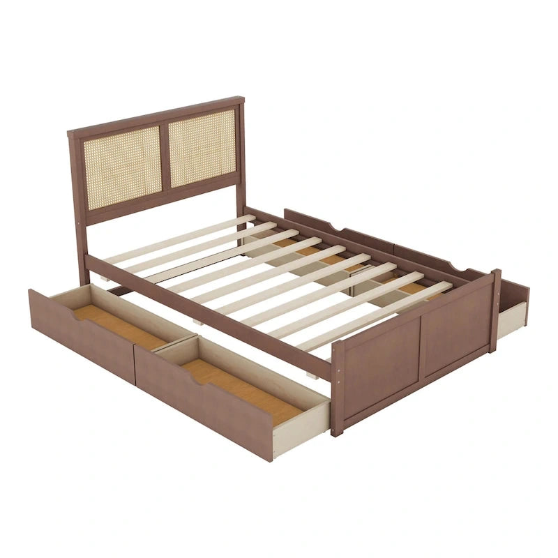 Natural Wood Platform Bed with Rattan Headboard & 4 Storage Drawers