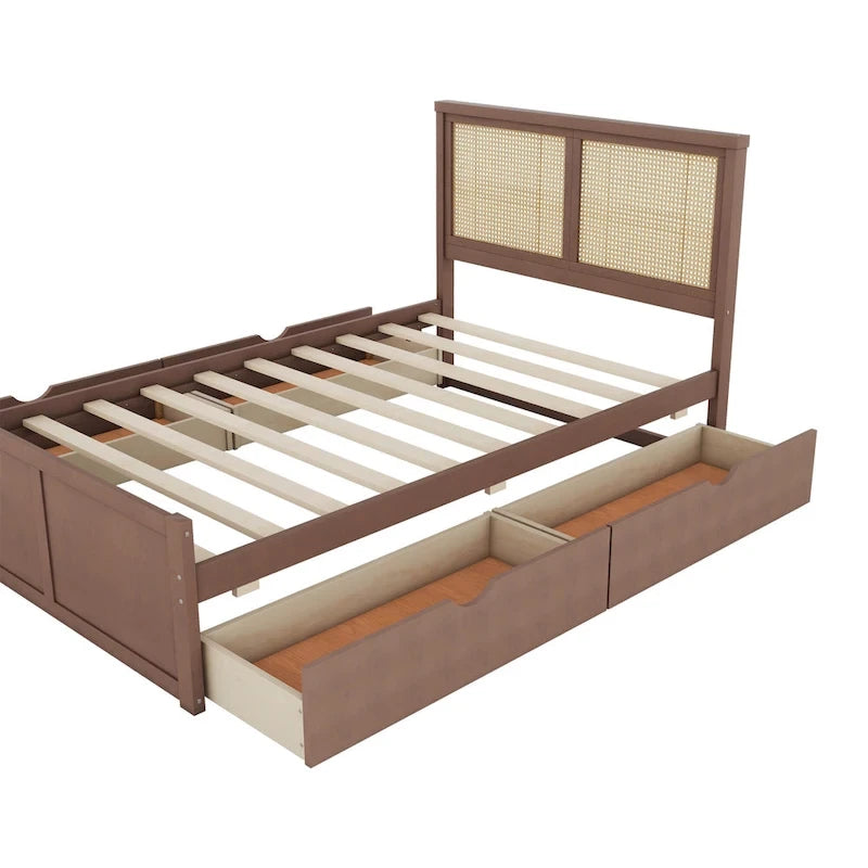 Natural Wood Platform Bed with Rattan Headboard & 4 Storage Drawers