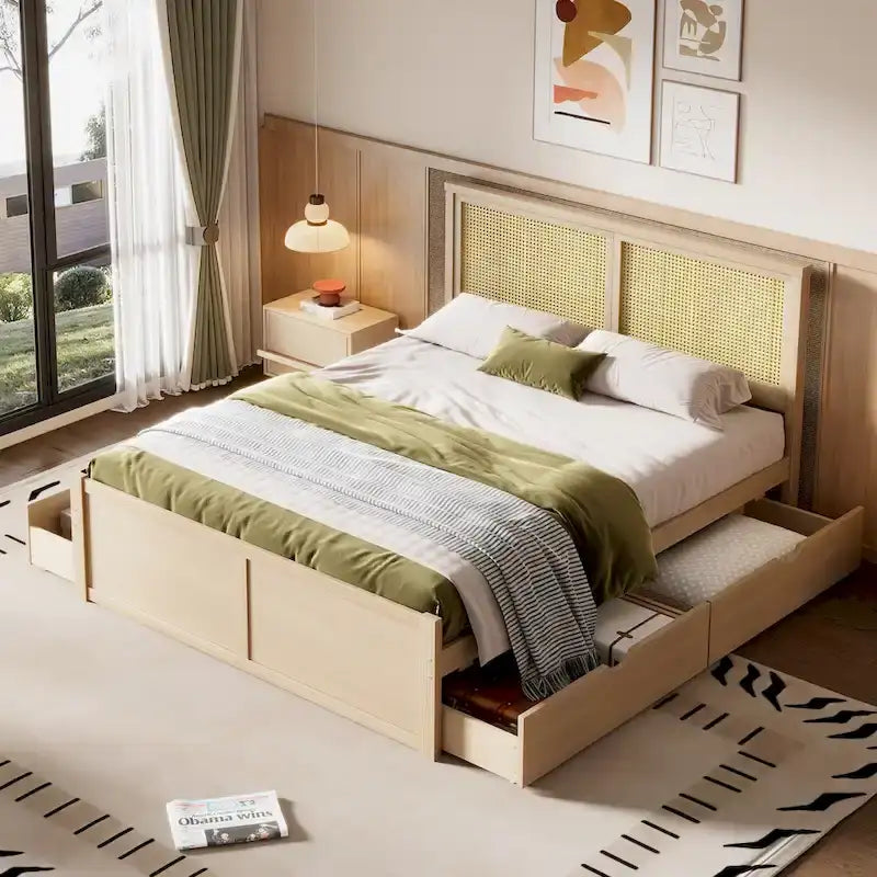 Natural Wood Platform Bed with Rattan Headboard & 4 Storage Drawers