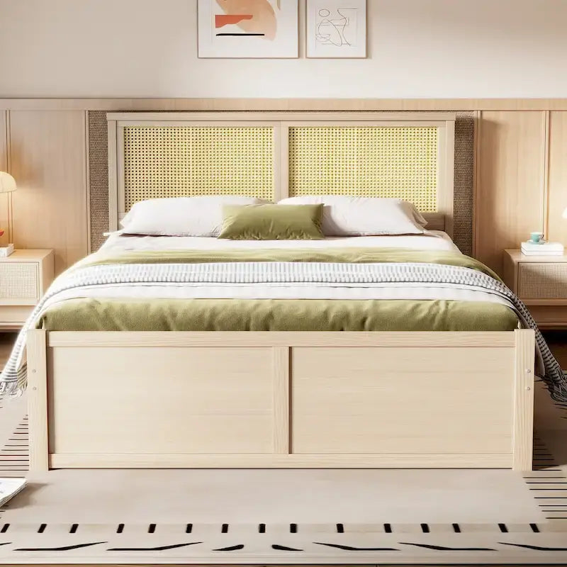 Natural Wood Platform Bed with Rattan Headboard & 4 Storage Drawers