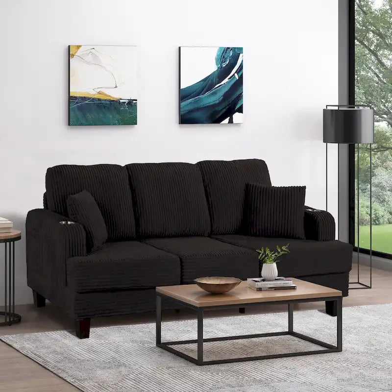 85  Modern Corduroy Rectangle 3-seater Sofa with USB and 2 Pillows