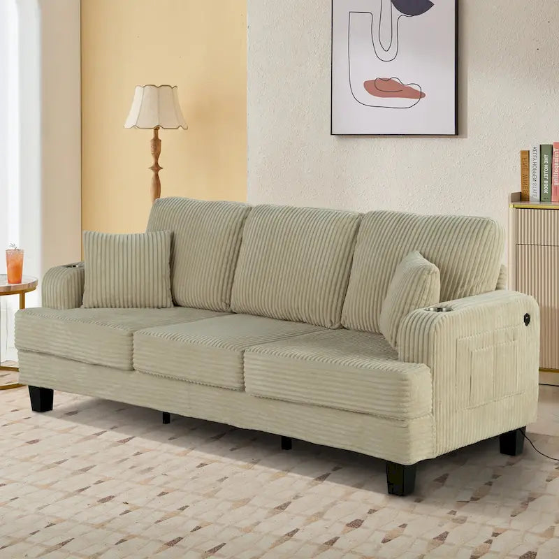 85  Modern Corduroy Rectangle 3-seater Sofa with USB and 2 Pillows