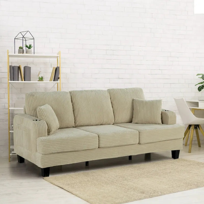 85  Modern Corduroy Rectangle 3-seater Sofa with USB and 2 Pillows