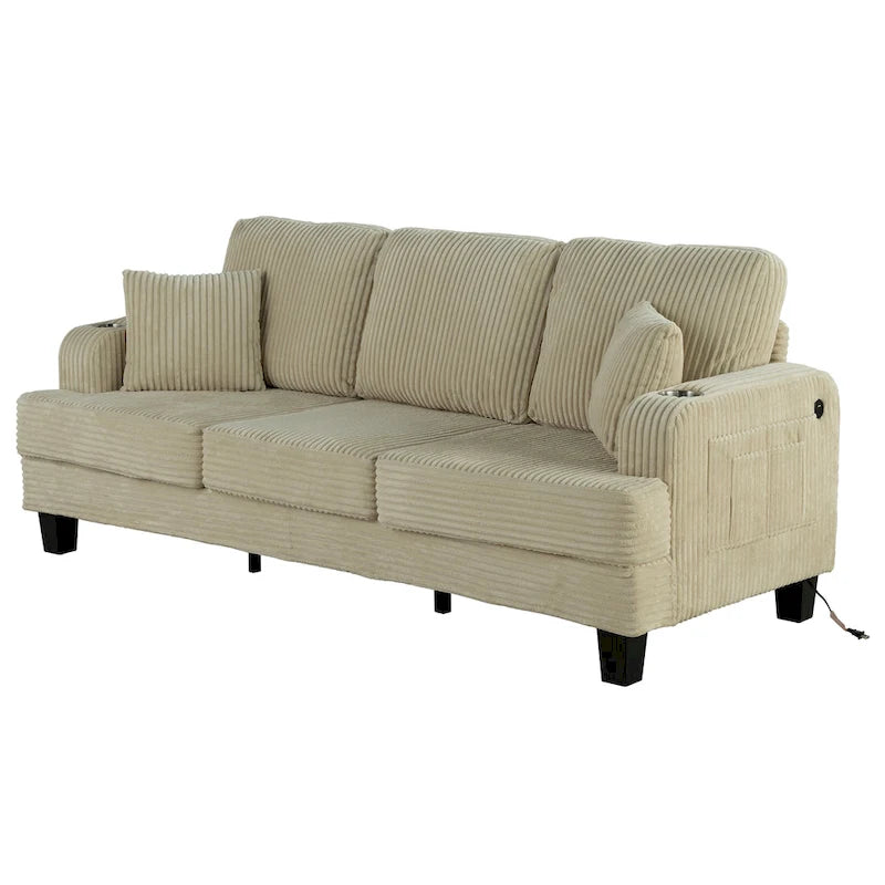 85  Modern Corduroy Rectangle 3-seater Sofa with USB and 2 Pillows