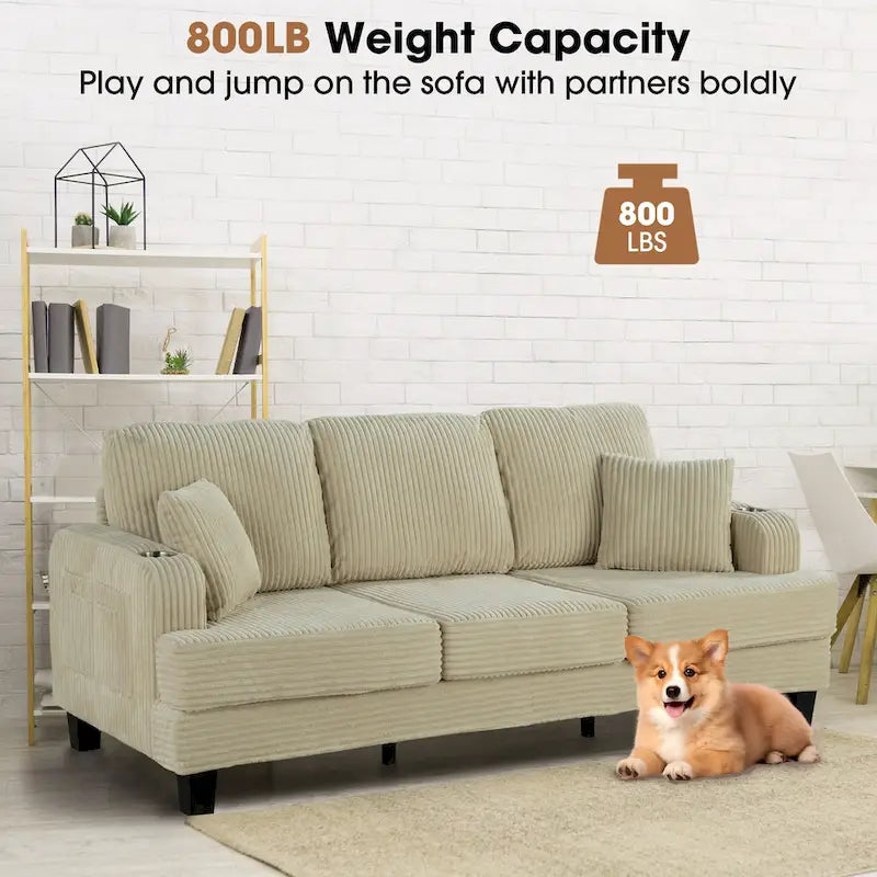 85  Modern Corduroy Rectangle 3-seater Sofa with USB and 2 Pillows