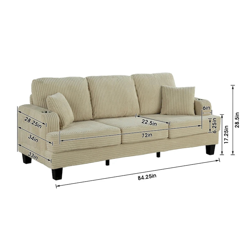 85  Modern Corduroy Rectangle 3-seater Sofa with USB and 2 Pillows