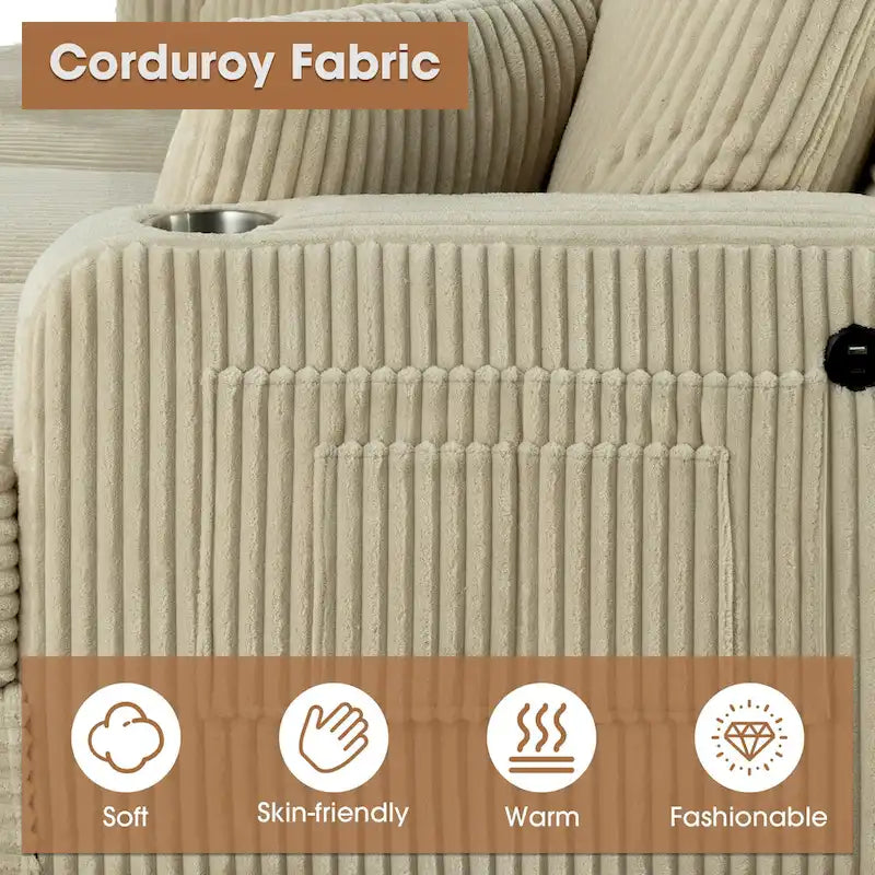 85  Modern Corduroy Rectangle 3-seater Sofa with USB and 2 Pillows