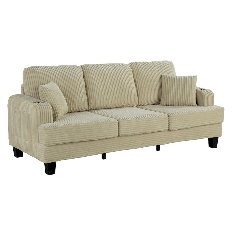 85  Modern Corduroy Rectangle 3-seater Sofa with USB and 2 Pillows