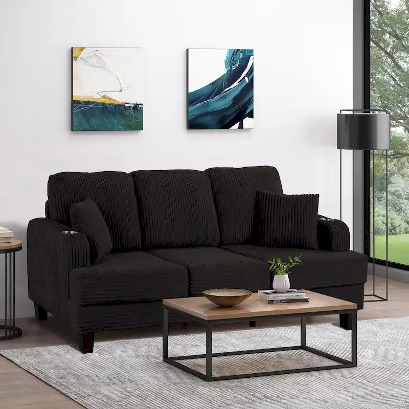 85  Modern Corduroy Rectangle 3-seater Sofa with USB and 2 Pillows
