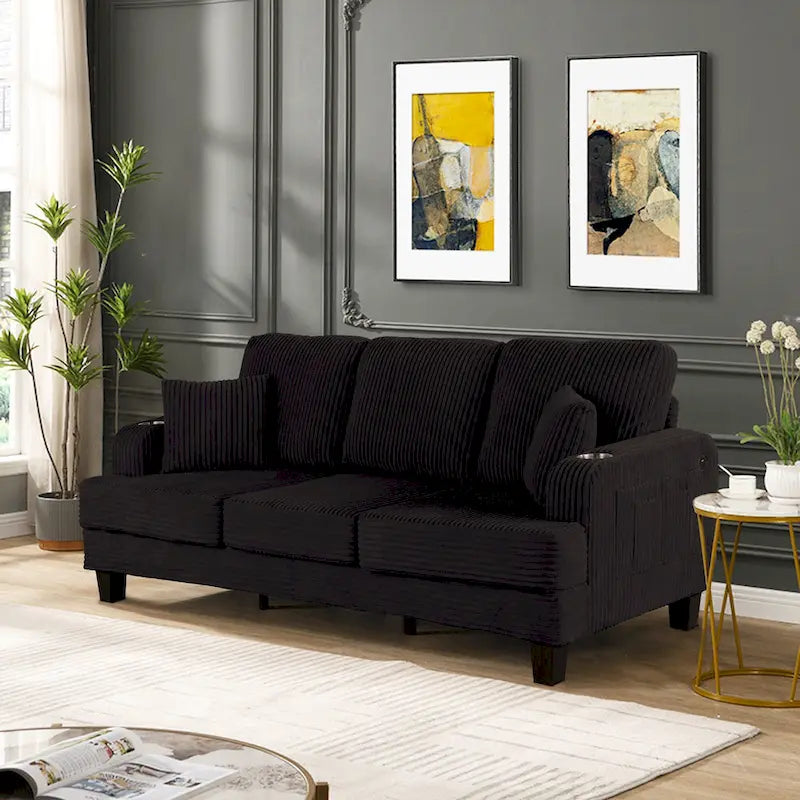85  Modern Corduroy Rectangle 3-seater Sofa with USB and 2 Pillows