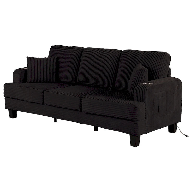 85  Modern Corduroy Rectangle 3-seater Sofa with USB and 2 Pillows