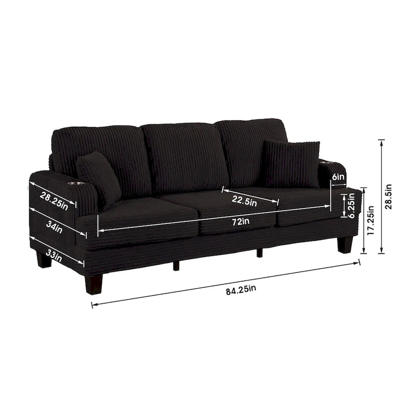 85  Modern Corduroy Rectangle 3-seater Sofa with USB and 2 Pillows