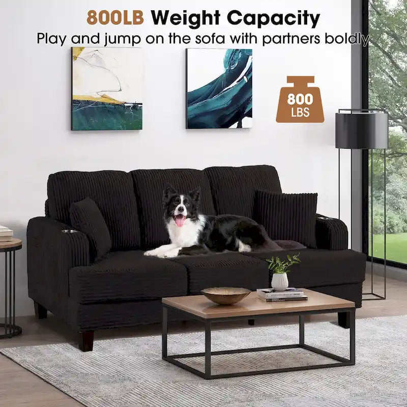 85  Modern Corduroy Rectangle 3-seater Sofa with USB and 2 Pillows
