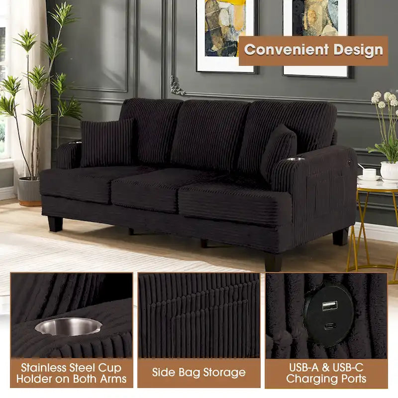 85  Modern Corduroy Rectangle 3-seater Sofa with USB and 2 Pillows