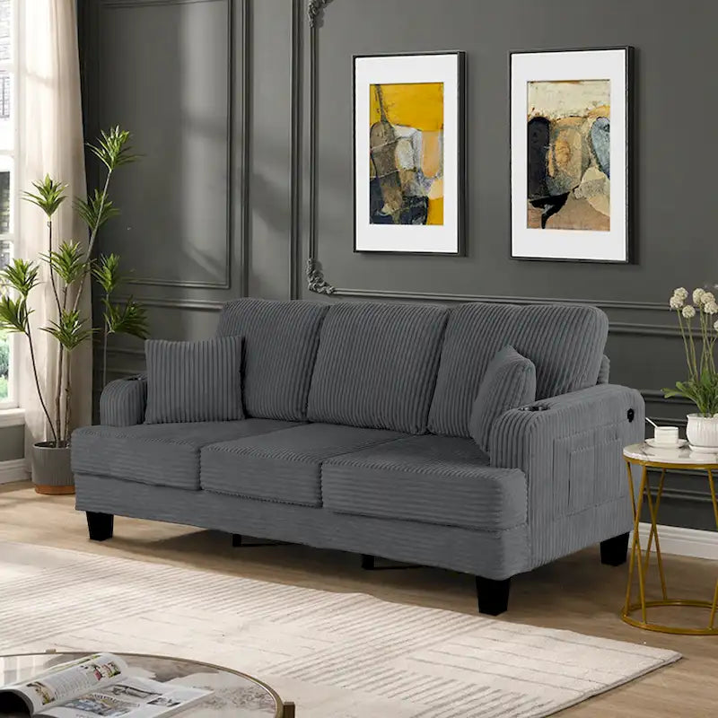 85  Modern Corduroy Rectangle 3-seater Sofa with USB and 2 Pillows