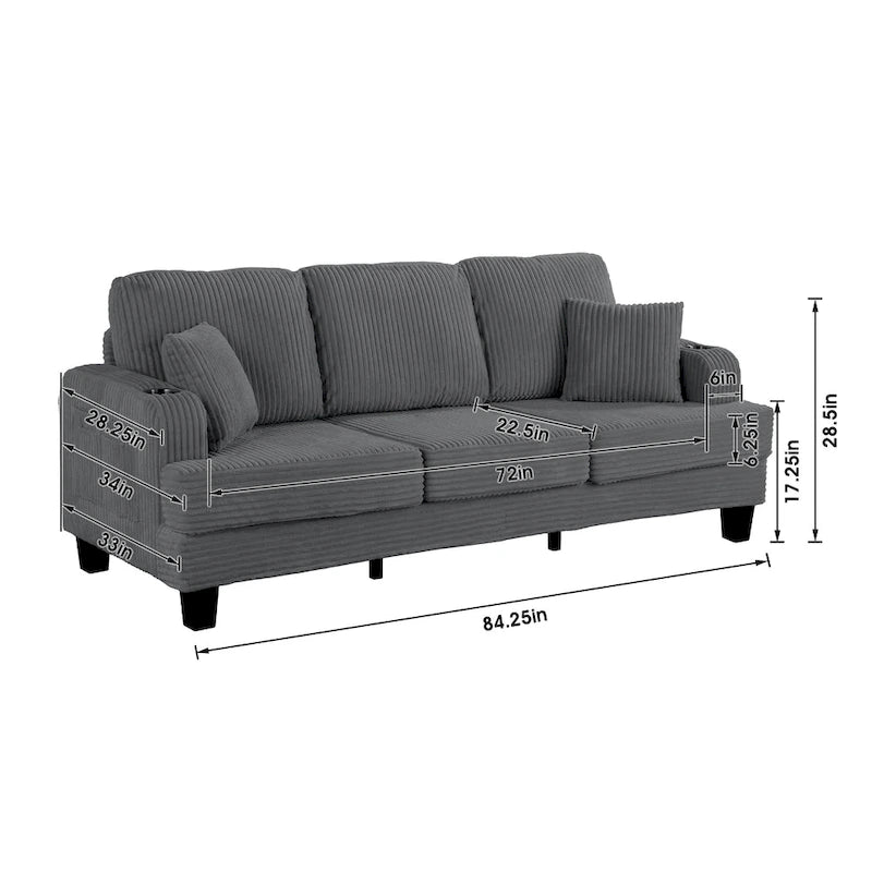 85  Modern Corduroy Rectangle 3-seater Sofa with USB and 2 Pillows
