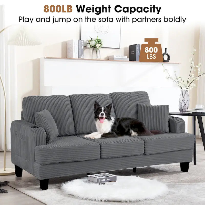 85  Modern Corduroy Rectangle 3-seater Sofa with USB and 2 Pillows