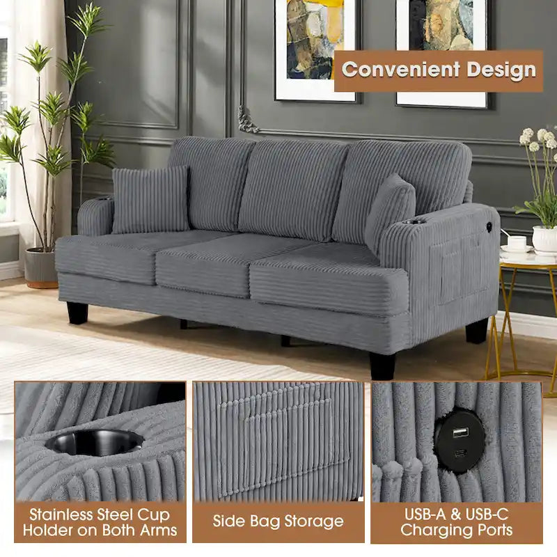 85  Modern Corduroy Rectangle 3-seater Sofa with USB and 2 Pillows