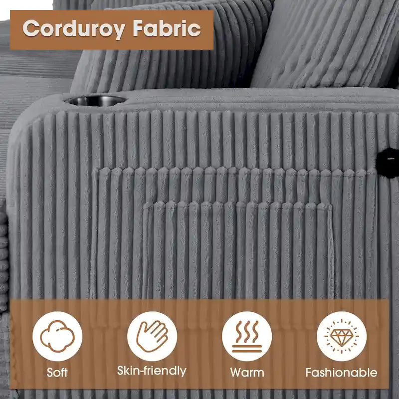 85  Modern Corduroy Rectangle 3-seater Sofa with USB and 2 Pillows