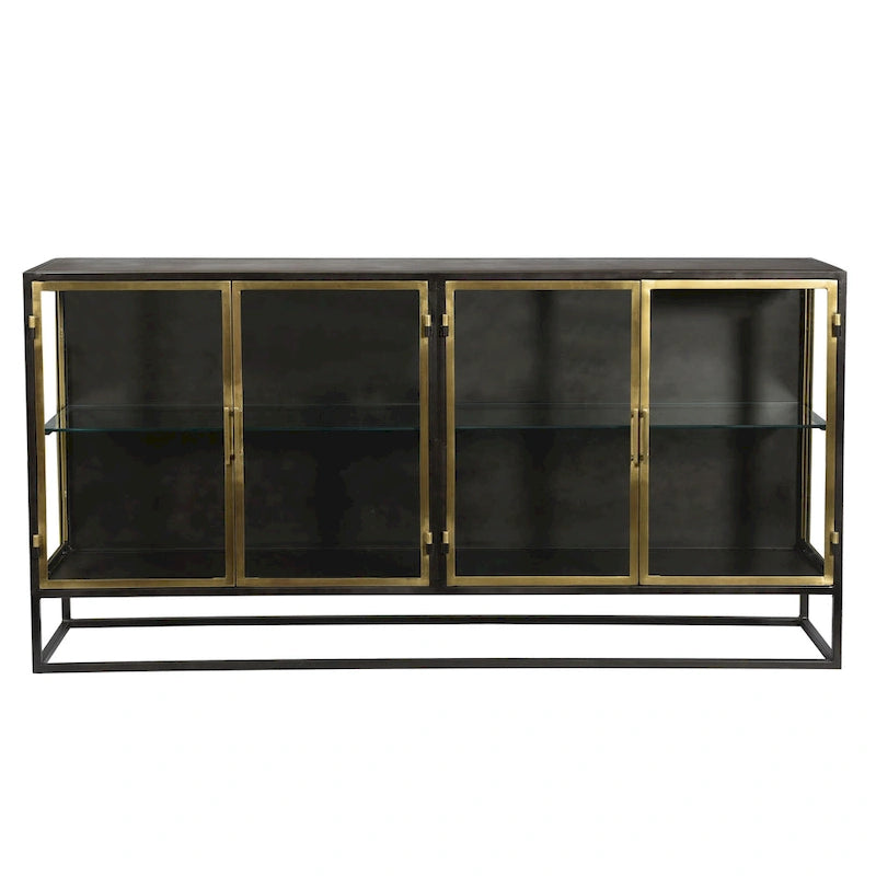 Brynlee 72  Gunmetal and Brass Finished Iron and Glass 4-Door Sideboard