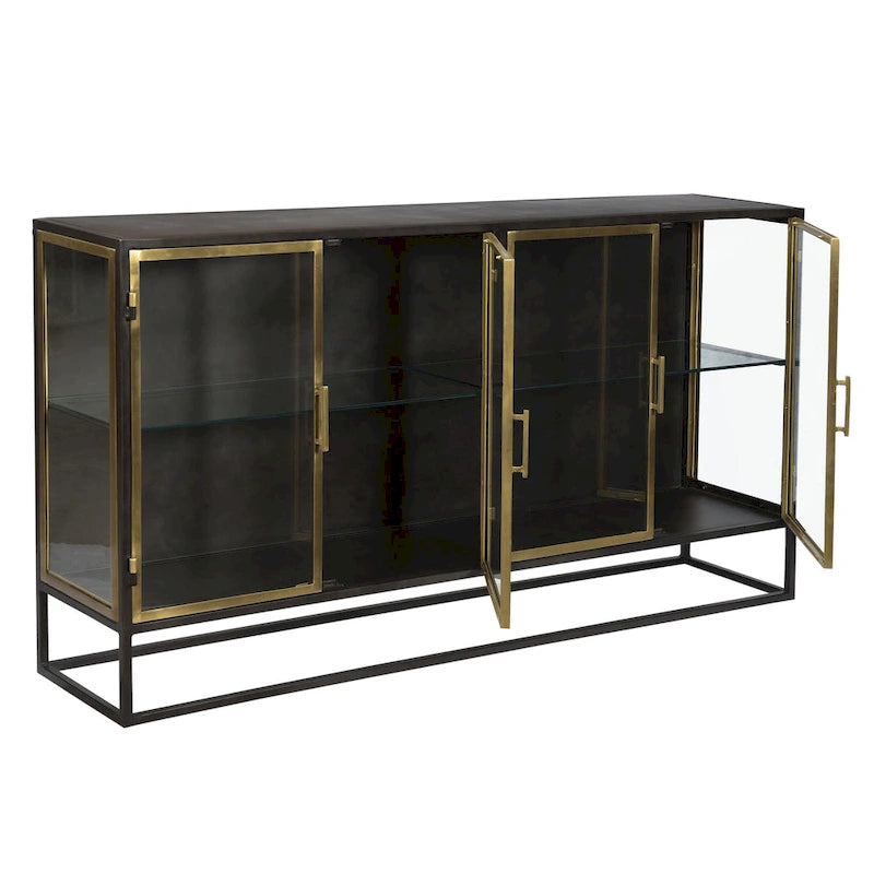 Gunmetal and Brass 4-Door Glass Sideboard 72 Inch Industrial Style