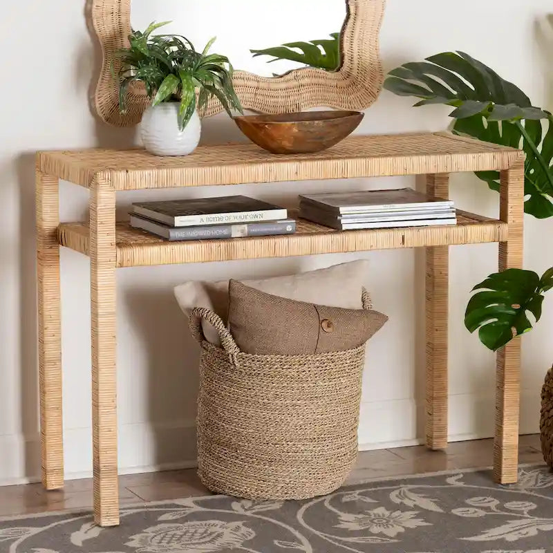 Light Honey Rattan Console Table with Acacia Wood Frame
