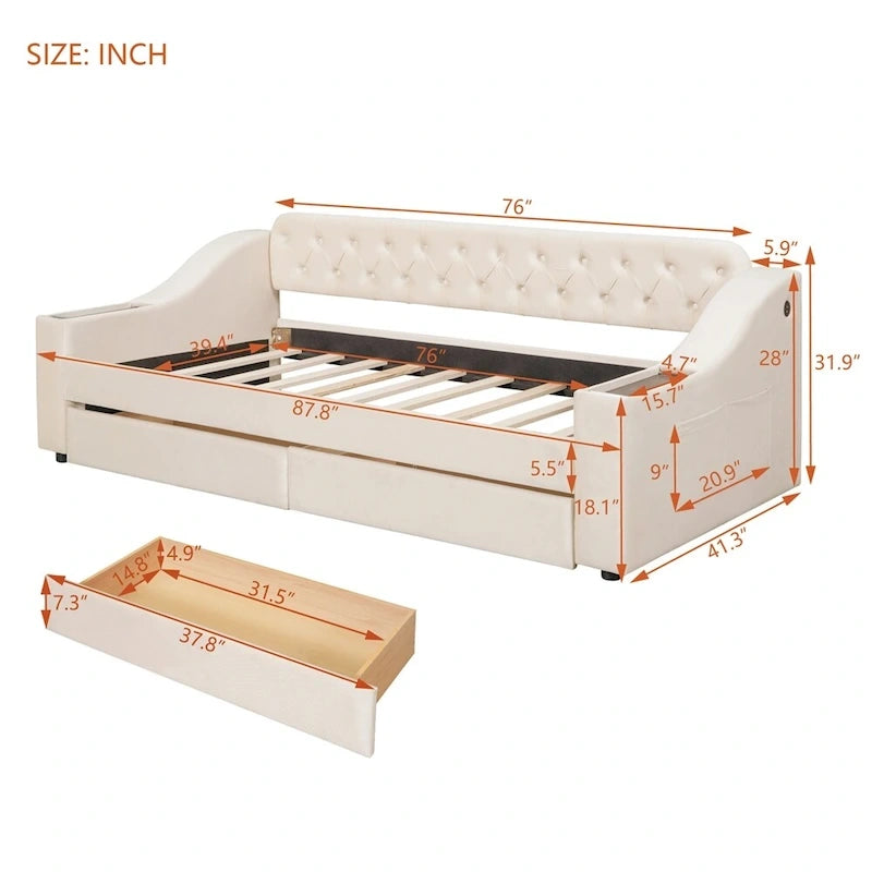 Twin Size Velvet Upholstered Daybed with Storage Armrests and USB Port
