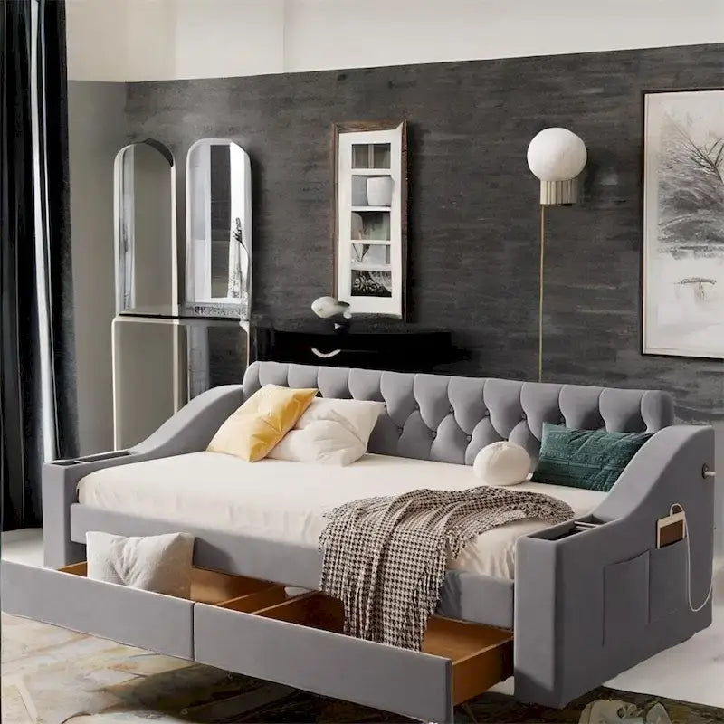 Twin Size Velvet Upholstered Daybed with Storage Armrests and USB Port