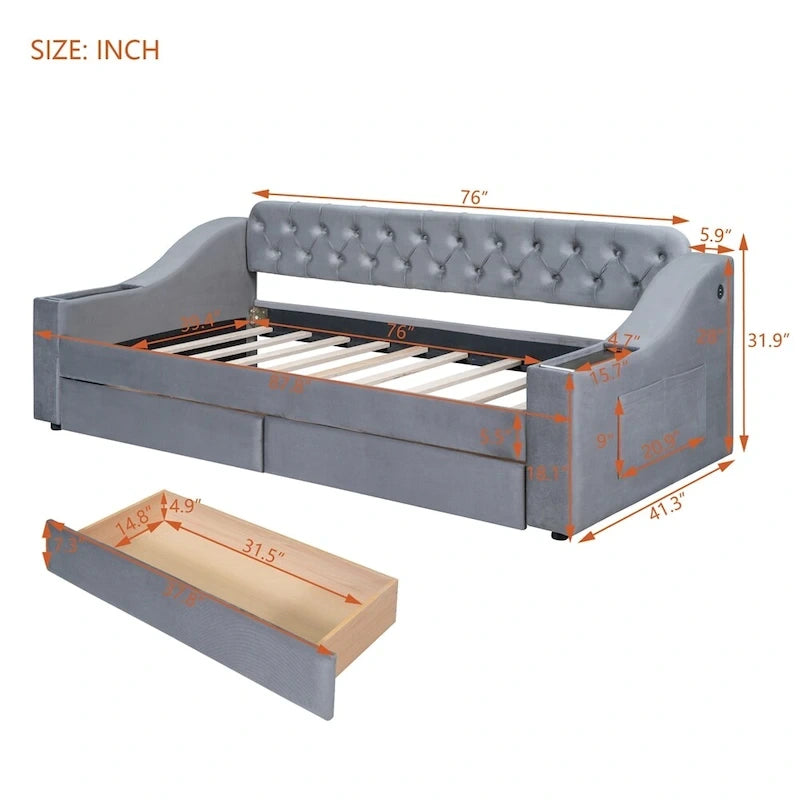 Twin Size Velvet Upholstered Daybed with Storage Armrests and USB Port
