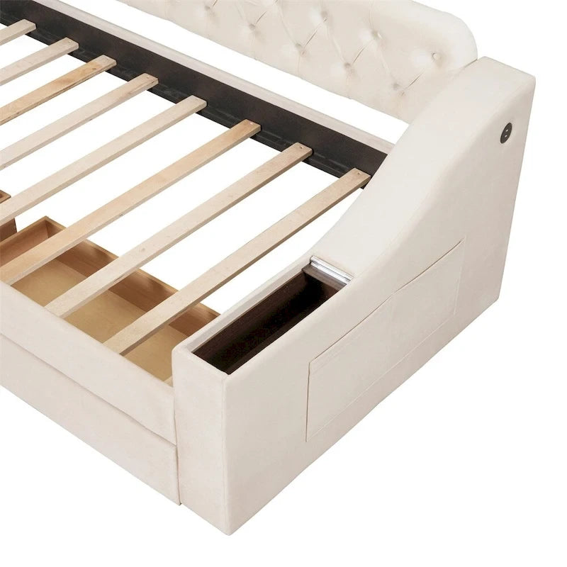 Twin Size Velvet Upholstered Daybed with Storage Armrests and USB Port