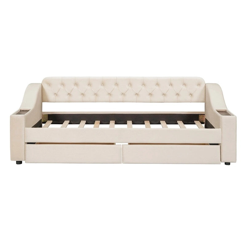Twin Size Velvet Upholstered Daybed with Storage Armrests and USB Port