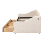 Twin Size Velvet Upholstered Daybed with Storage Armrests and USB Port