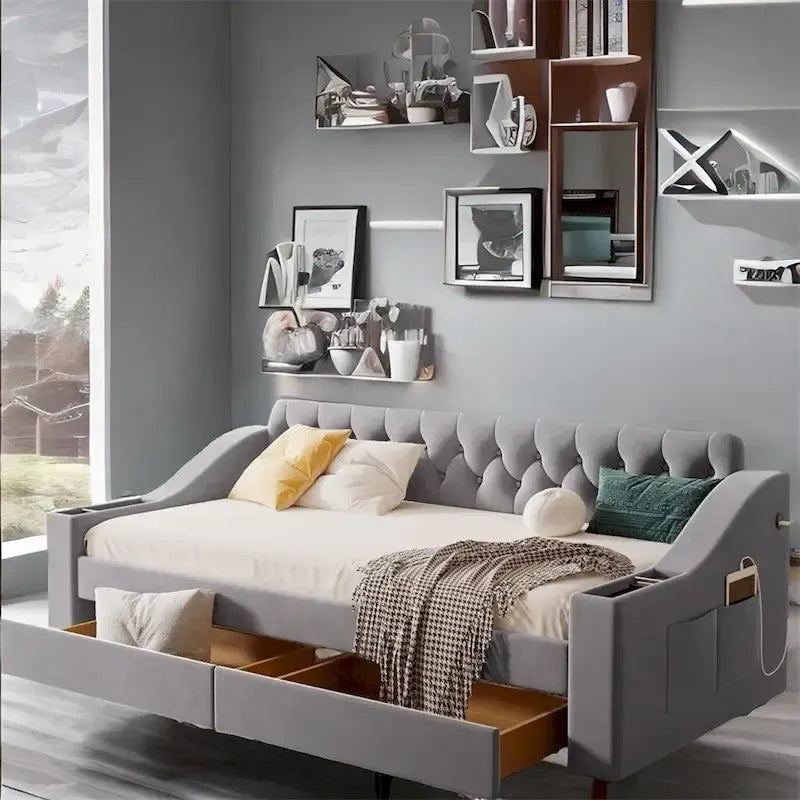 Twin Size Velvet Upholstered Daybed with Storage Armrests and USB Port