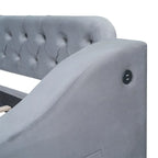 Twin Size Velvet Upholstered Daybed with Storage Armrests and USB Port
