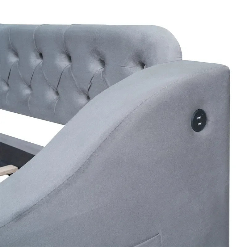 Twin Size Velvet Upholstered Daybed with Storage Armrests and USB Port