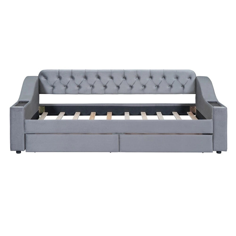 Twin Size Velvet Upholstered Daybed with Storage Armrests and USB Port