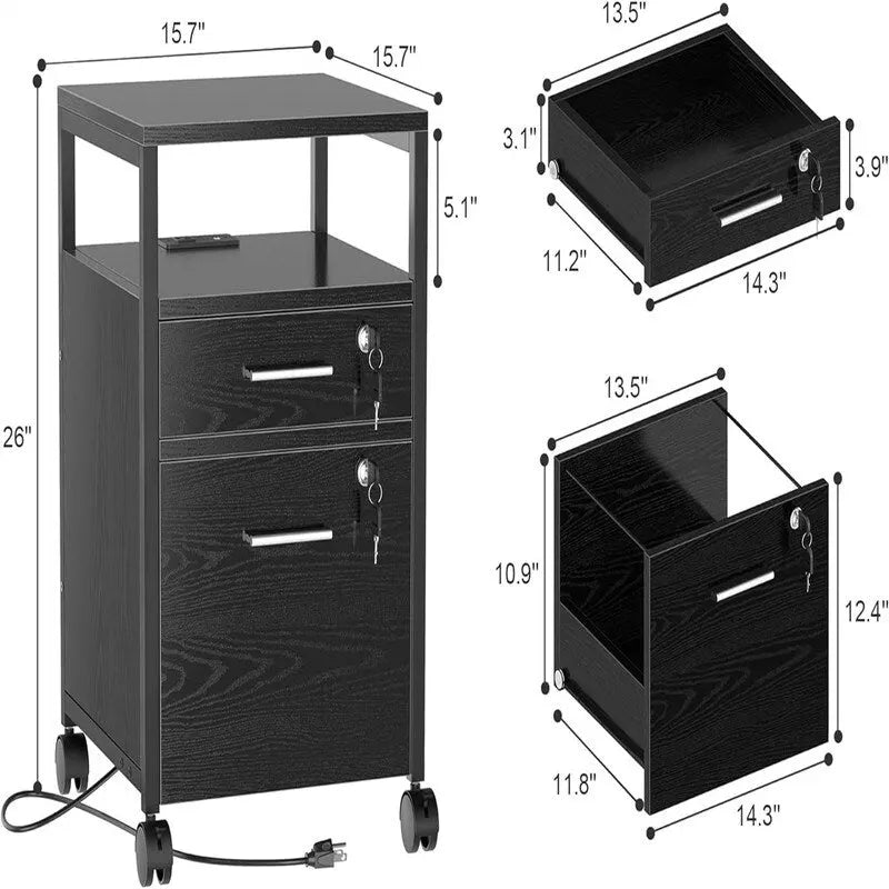 File Cabinet with Lock Charging Station 2 Drawers Rolling Filing Cabinet - 15.7 D x 15.7 W x 26 H