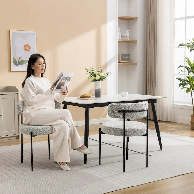 Modern Round Boucle Dining Chairs, Set Of 2