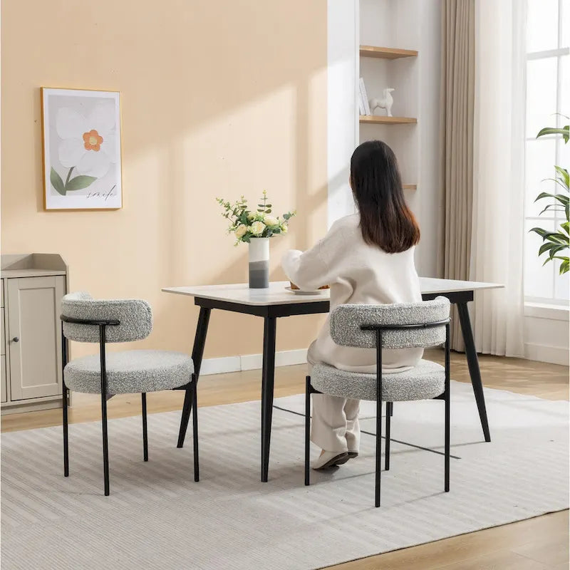 White Boucle Round Dining Chair