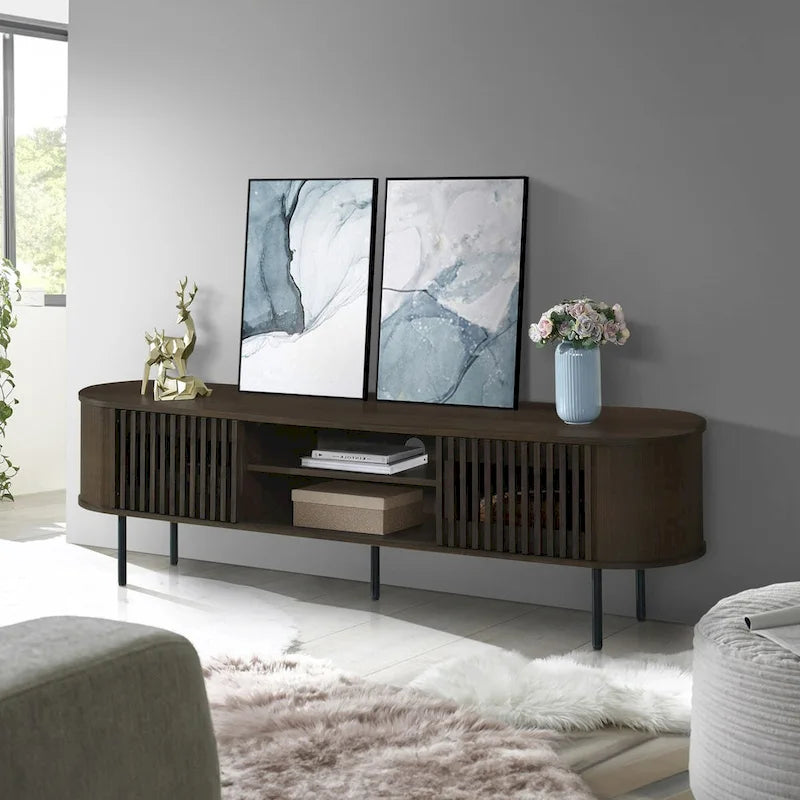 71" TV Console with Sliding Tambour Doors - Natural/Walnut